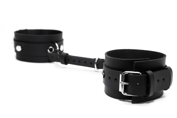 Black Leather Handcuffs Isolated White Background Bdsm Kit — Stock Photo, Image