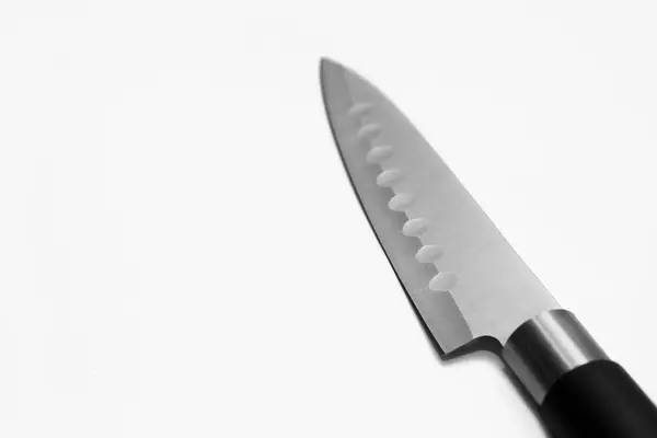 Kitchen Steel Sharp Knife Black Handle Gray Background Side View — Stock Photo, Image