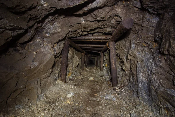 Złoto Kopalni Rudy Wał Tunelu Dryf Drewnianego Muru Podziemnego Opuszczone — Zdjęcie stockowe