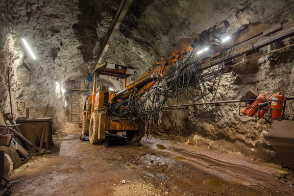 Underground gold iron ore mine tunnel with drilling machine