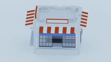 3D animasyon döndürme 360 derece ile izometrik sahnenin. Binanın, windows, kapı, saç kremi ve gölgelik basit modeller