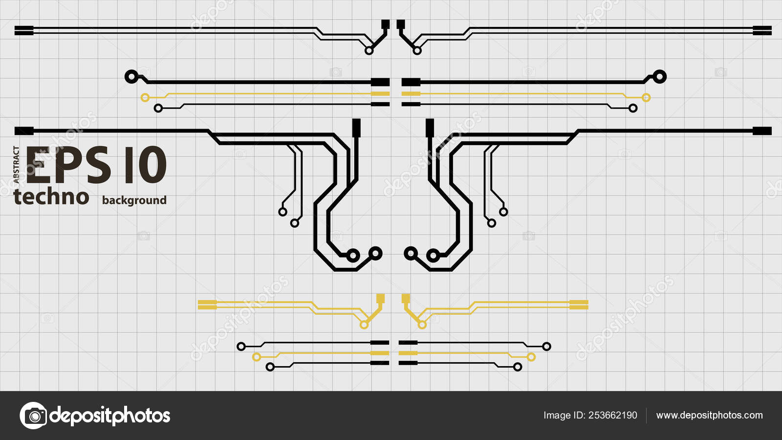 Vector circuit board elements on grid. Design elements for circuit