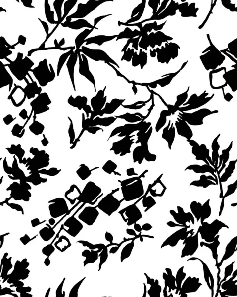 Mão Livre Sem Costura Preto Branco Floral Fotos Stock Ilustrações — Fotografia de Stock