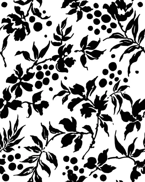 Mão Livre Sem Costura Preto Branco Floral Fotos Stock Ilustrações — Fotografia de Stock