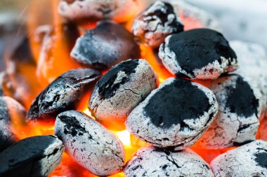 Düzenlenmiş kömürler (seçici odak) Barbekü için hazır