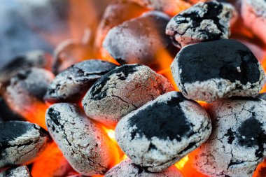 Düzenlenmiş kömürler (seçici odak) Barbekü için hazır