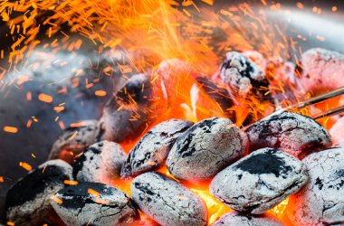 Düzenlenmiş kömürler (seçici odak) Barbekü için hazır