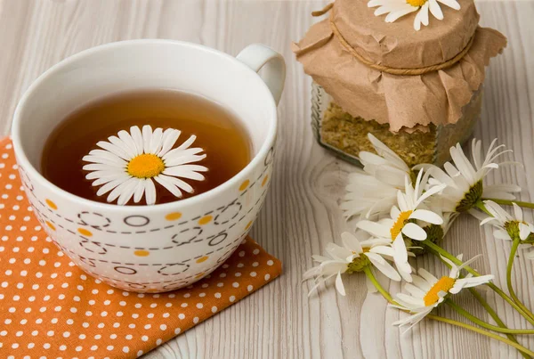 Cup Tea Camomile Jar Polka Dot Fabric Tea Can Lace — Stock Photo, Image