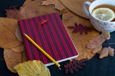 kırmızı çizgili defter kuru sonbahar bir dizüstü bilgisayar üzerinde bir cherng arka plan sonbahar sarı turuncu kalem üzerinde limon ile çay ile bir fincan bırakır yatıyor