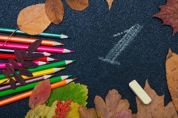Trockene Herbstgelbe Blätter Farbiges Fleisch Und Kreide Auf Schwarzem Hintergrund — Stockfoto