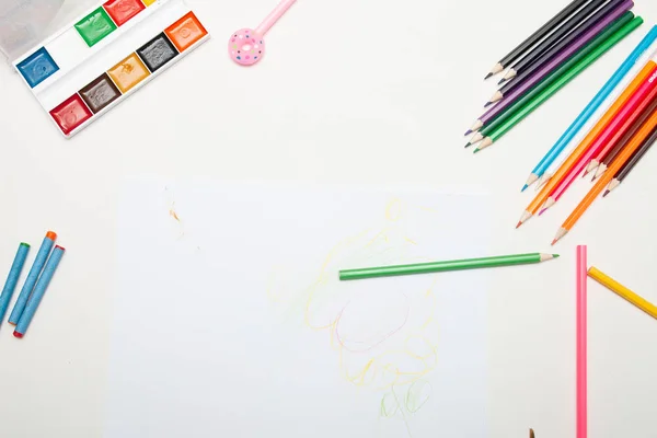 Lápices Papelería Color Resaltador Tijeras Azul Infantil Engrapadora Borrador Pluma —  Fotos de Stock