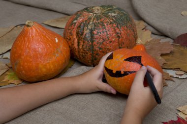 çocuk bir karaborsada bir kabak yüz çizer, jack o fener, cadılar bayramı arka plan, tatil için hazırlık