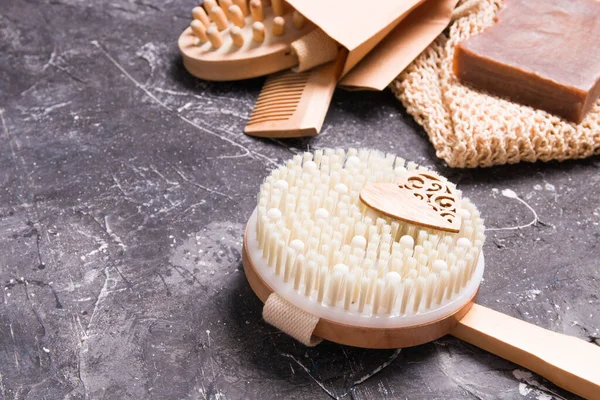 Brosse Ronde Bois Pour Massage Sec Contre Cellulite Sur Fond — Photo