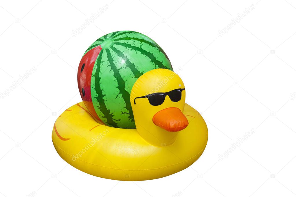Inflatable float rubber ring in the shape of a colorful duckling with a watermelon for children and adults, for swimming pools, the sea, oceans, rivers, lakes