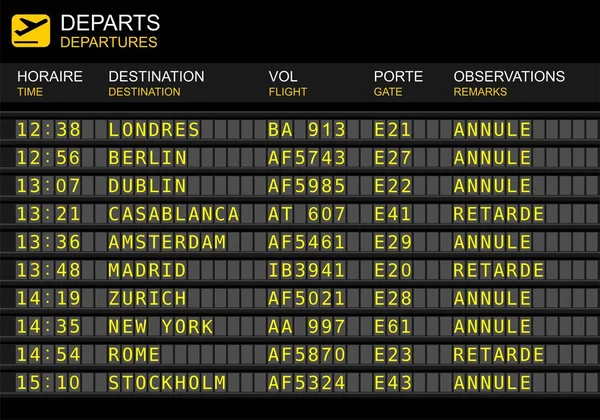 航班出发板例证 取消和延误的航班 法语语言 — 图库照片