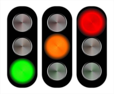 Trafik ışıkları üzerinde beyaz izole küme sinyalleri. Kırmızı ışık, yeşil ışık, turuncu ya da sarı ışık