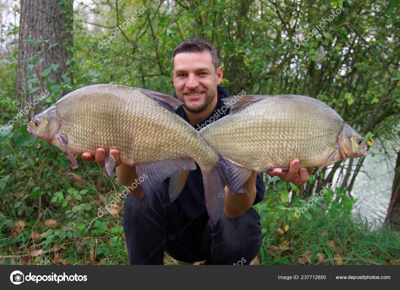 Pole Fishing Bream Fisherman Holding Common Breams Catch Fish