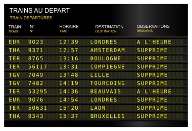 tren istasyonu kalkış kurulu. SNCF grev, iptal tren. Fransa, Fransız Paris gare du nord
