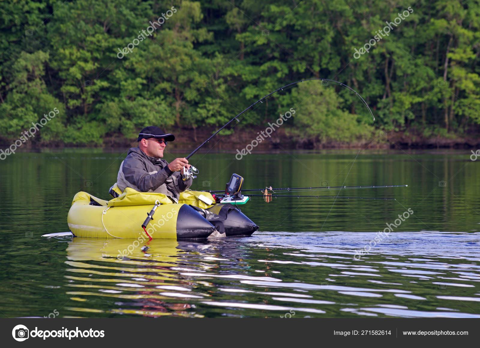 Fishing Float Tube Fisherman Fight Pike Man Sitting Fishing