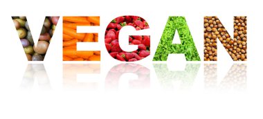 Beyaz arka planda meyve, fındık ve sebze ile vegan dünya