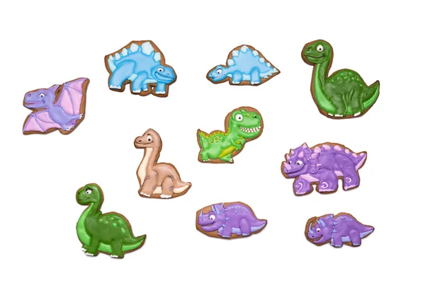 Homemade Gingerbread Cookies Handmade Icing Decoration Funny Dinosaurs Isolated White — Stock Photo, Image