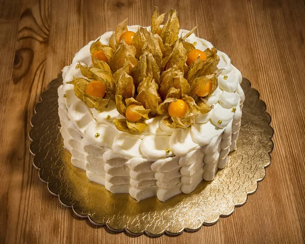 Carrot Cake Decorated Fresh Physalis Berries Wooden Table — Stock Photo, Image