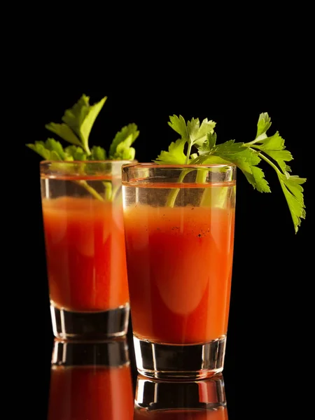 Two Shots Bloody Mary Cocktail Drink Isolated Black Background — Stock Photo, Image