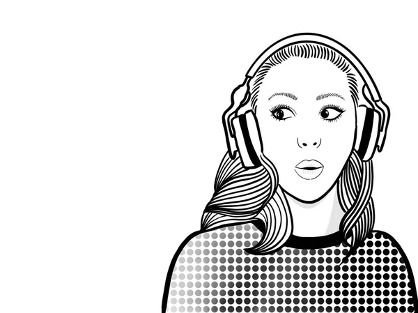 Mujer Sorprendente Mientras Escucha Radio Dibujo Digital Blanco Negro — Foto de Stock