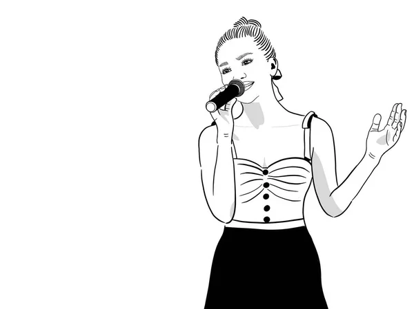 Jolie Femme Chante Avec Microphone Main Dessin Numérique Noir Blanc — Photo