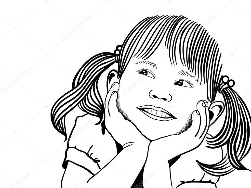 happiness expression of young woman; Black and white digital drawing