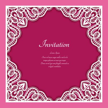 Square frame with lace border ornament, vintage template for laser cutting or plotter printing, cutout paper decoration for wedding invitation card with place for text clipart