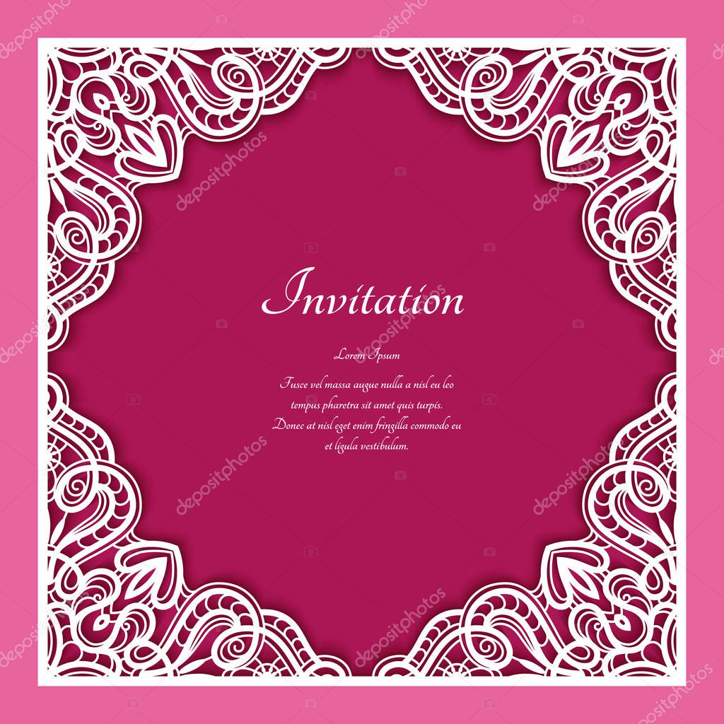 Square frame with lace border ornament, vintage template for laser cutting or plotter printing, cutout paper decoration for wedding invitation card with place for text