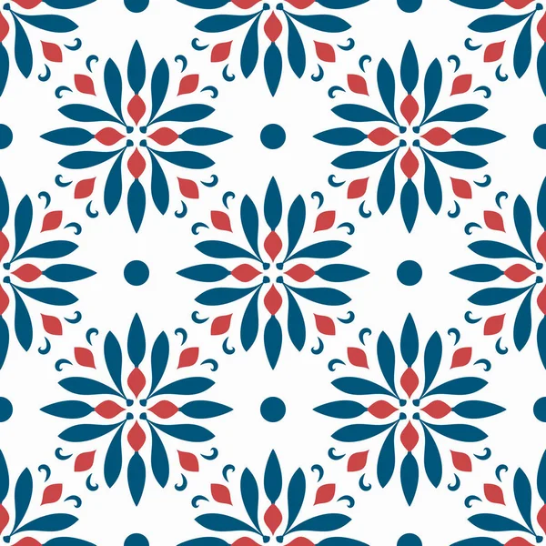 Patrón Sin Costuras Con Remolinos Florales Azules Rojos Sobre Ornamento — Vector de stock