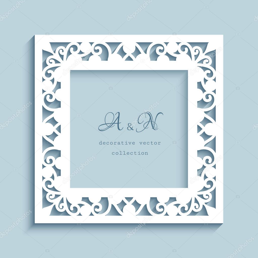 Square vector frame with cutout paper border, ornamental swirly decoration, template for laser cutting with place for text