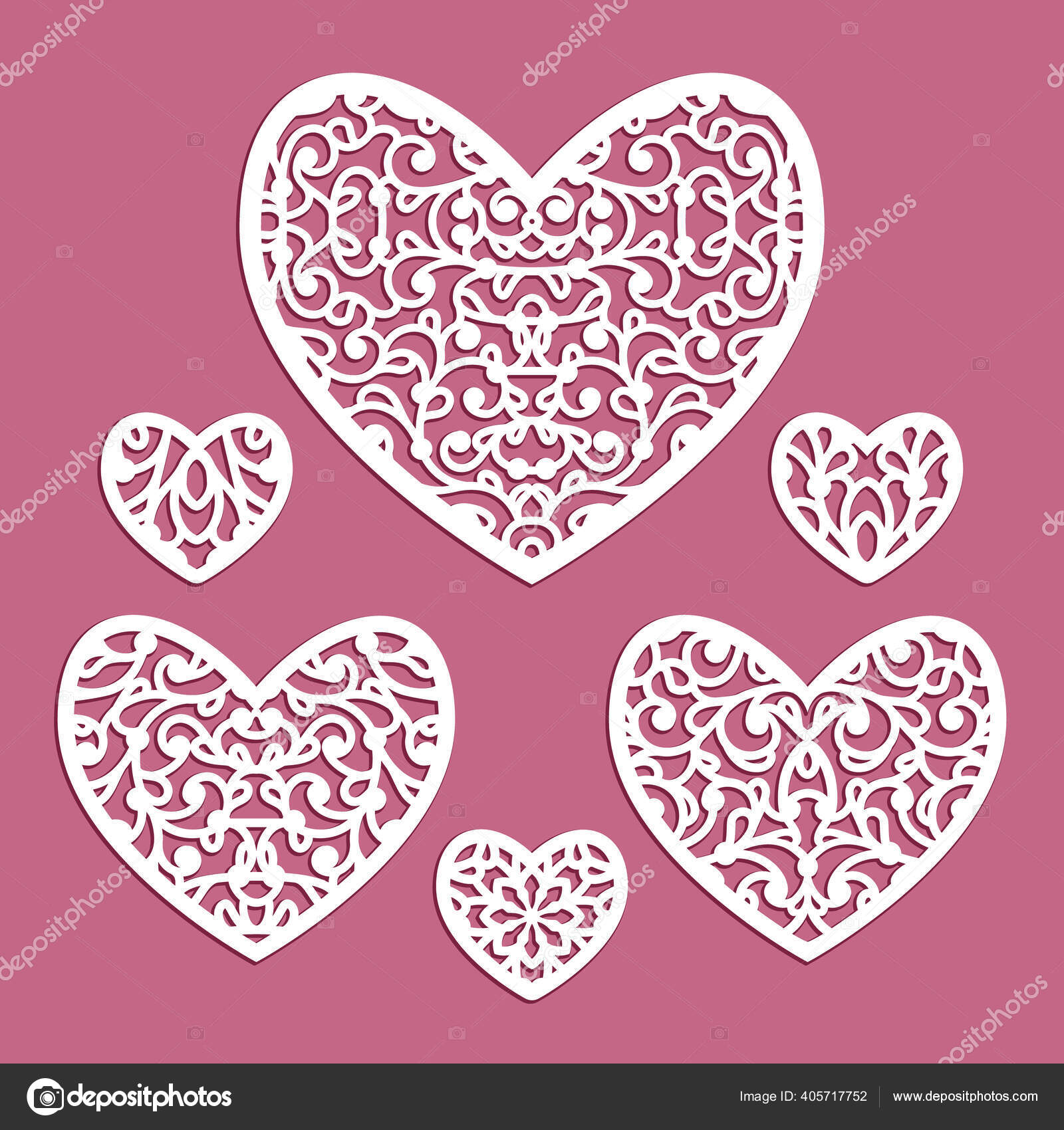 精美的花边花纹心形饰品系列一套螺旋形激光切割模板结婚请柬剪纸装饰或情人节贺卡图库矢量图©magenta10 405717752, image size:1600x1700