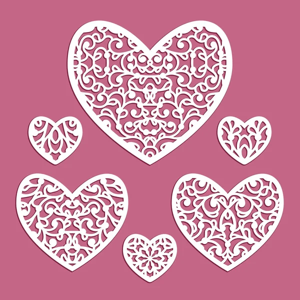 Elegant Collection Ornamental Hearts Lace Pattern Set Swirly Templates Laser — Stock Vector