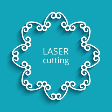 Yuvarlak çerçeve, kıvrımlı kenar, kesik kağıt daire deseni, çiçek şeklinde lazer kesimi için zarif şablon. Metin için yer.