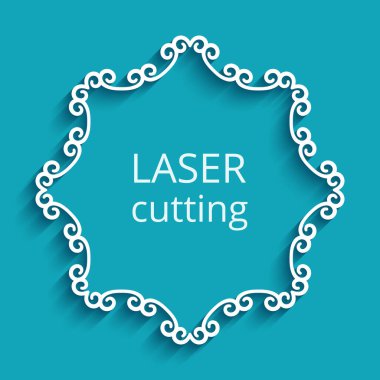 Kıvırcık kenarlı süslemeli yuvarlak çerçeve, kıvrımlı şekilli kağıt etiketli, lazer kesimi için zarif şablon. Metin için yer.