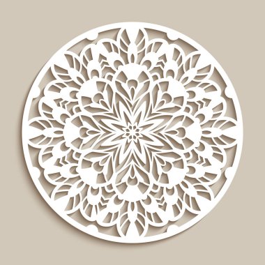 Round lace doily, cutout paper floral ornament, mandala pattern, vintage circle decoration on beige background, template for laser cutting clipart