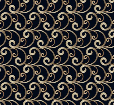 Rokoko tarzında çiçek kıvrımlı klasik altın parşömen deseni. Siyah arkaplanda zarif, pürüzsüz, altın bir doku..