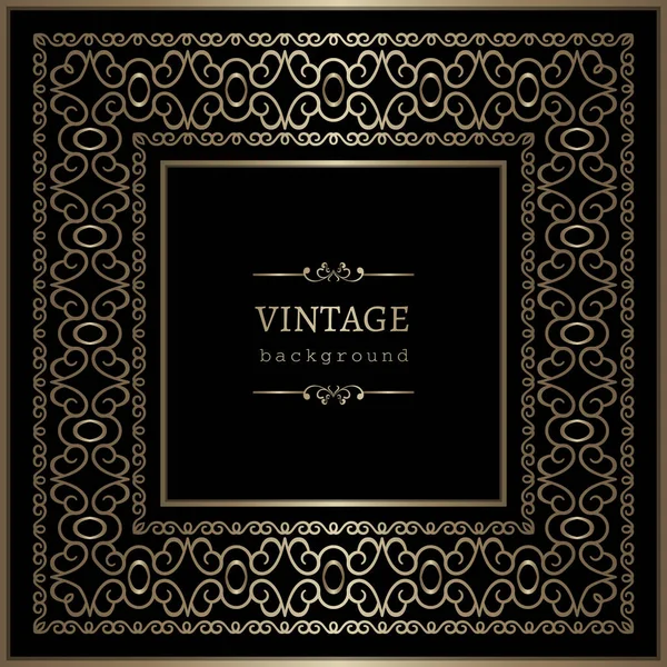 Vintage Gold Square Frame Lace Border Pattern Black Background Elegant — Stock Vector