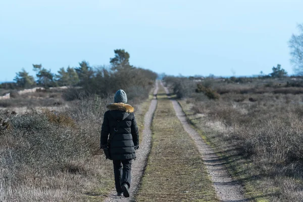 Mujer Camina Temporada Otoño Camino Rural Iluminado Por Sol — Foto de Stock