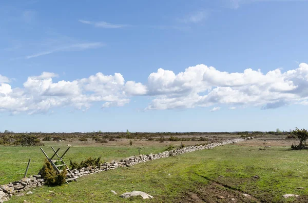 Piquet en bois près d'un mur de pierre sèche dans la grande prairie Al — Photo