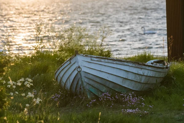 Vieux bateau à rames blanc sur terre au coucher du soleil — Photo