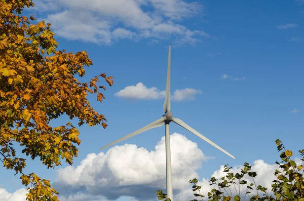 Windmill by a blue sky and fall colored leaves — Stock Photo, Image