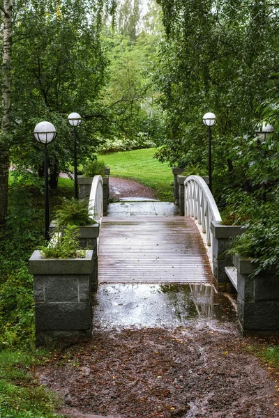 行人拱桥在公园的山沟与白色栏杆和街道灯两侧 — 图库照片
