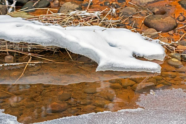 在湖岸解冻 有刺骨的雪和锈迹斑斑的底部 — 图库照片