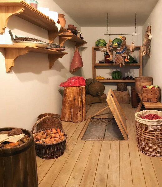 Interior refrigerated room for long-term storage of products with an ice cellar.