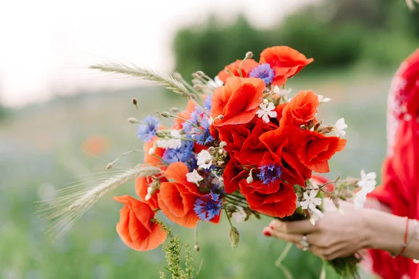 Very beautiful bouquet of field flowers and plants - red poppy, vasilks, wheat