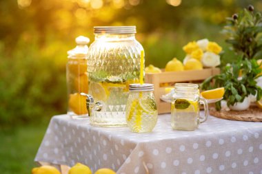Limonatalı büyük bir kavanoz. Yaz konsepti rahatlamak ve piknik yapmak. Sağlıklı yiyecek ve içecek..